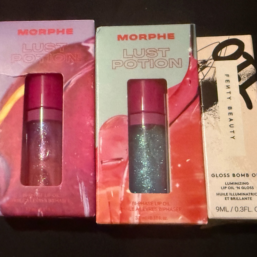 Morphe Lust Potion Shimmer Lip Glosses and Fenty beauty lip gloss